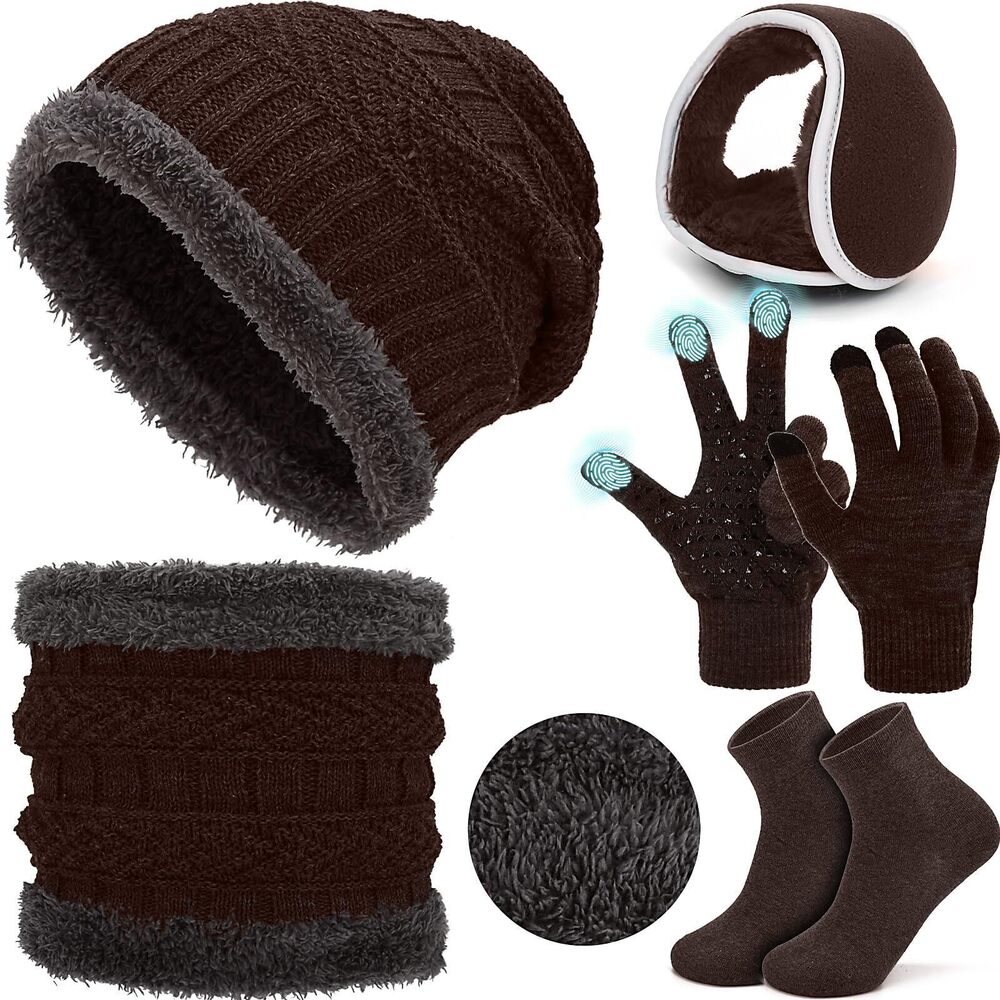 7674 5 Pieces Hat Scarf and Gloves Set Brown Winter Hats Touch Screen